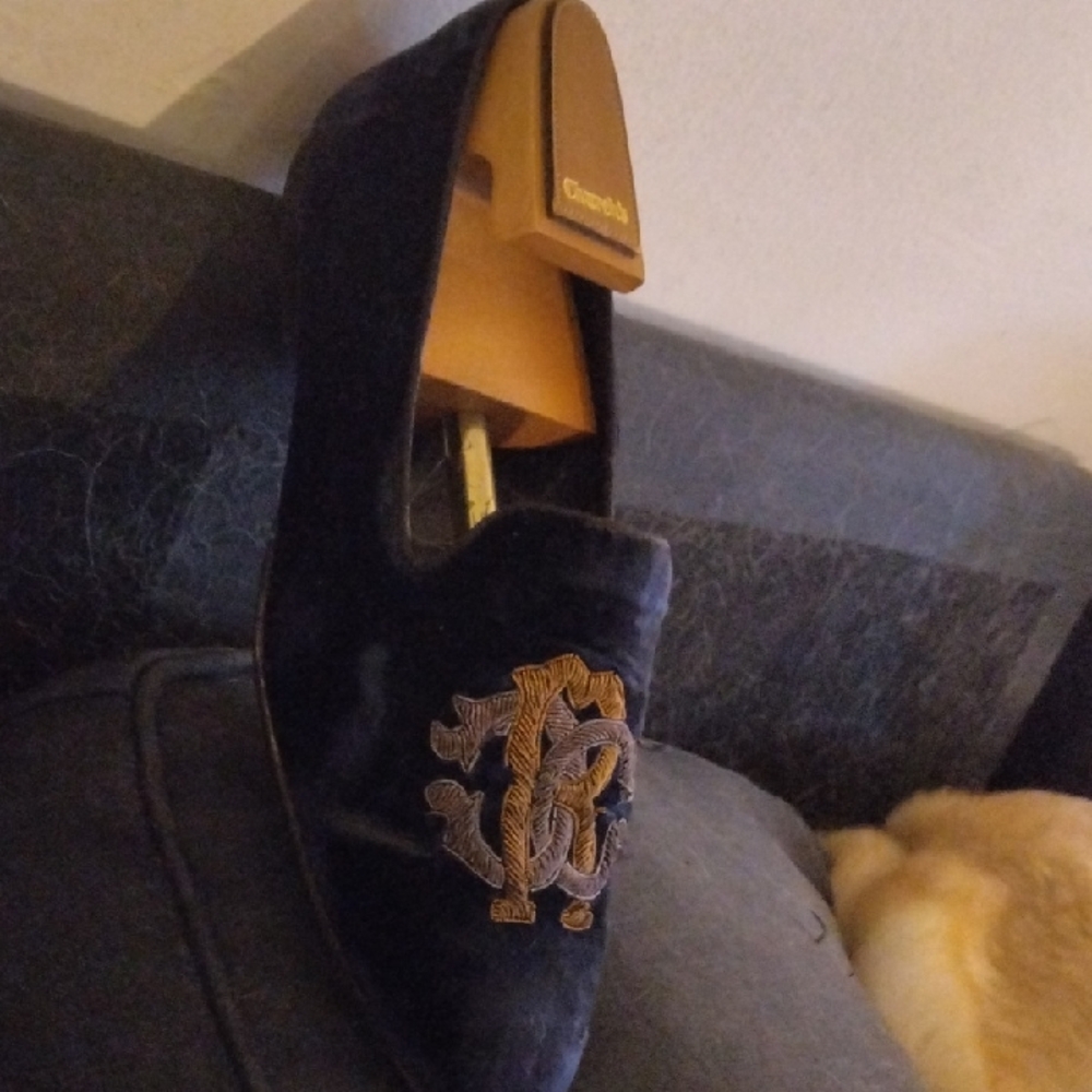 Roberto Cavalli Dark Blue Velvet Loafers with Gold Embroidery